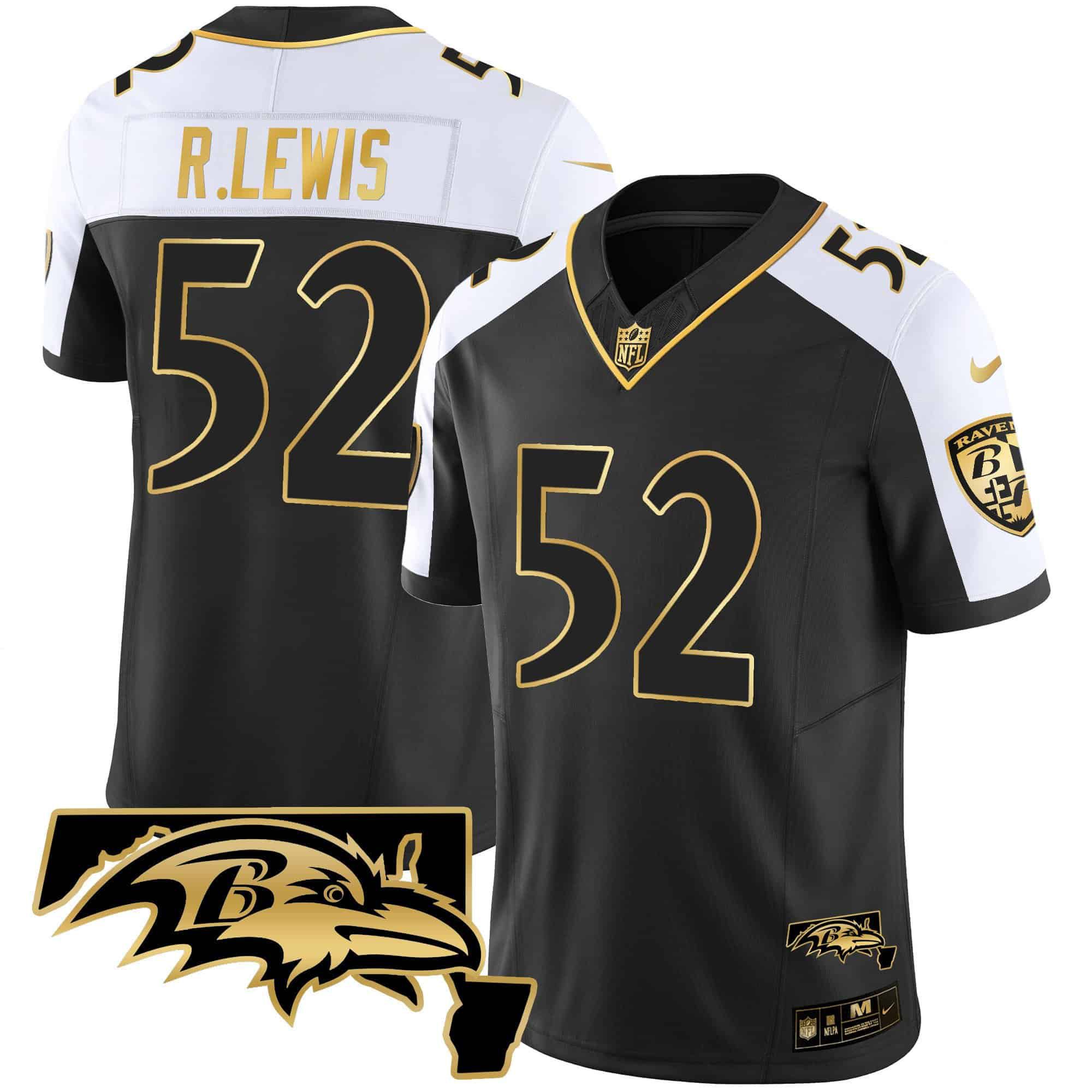Men Baltimore Ravens 52 R.Lewis Black Gold 2024 Nike Maryland Patch Vapor Limited NFL Jersey